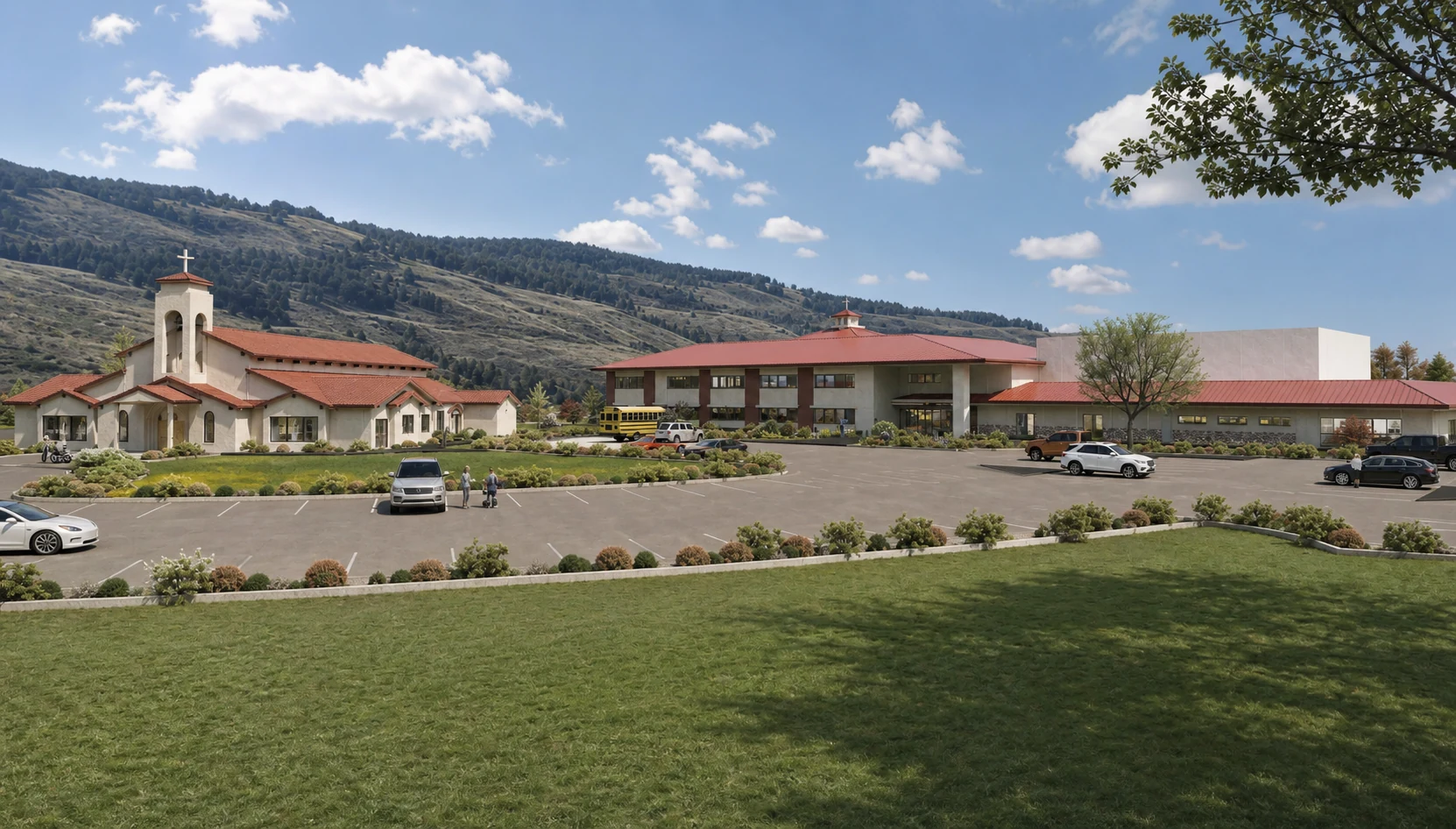 Illustration of the proposed school beside Our Lady of the Valley Church.